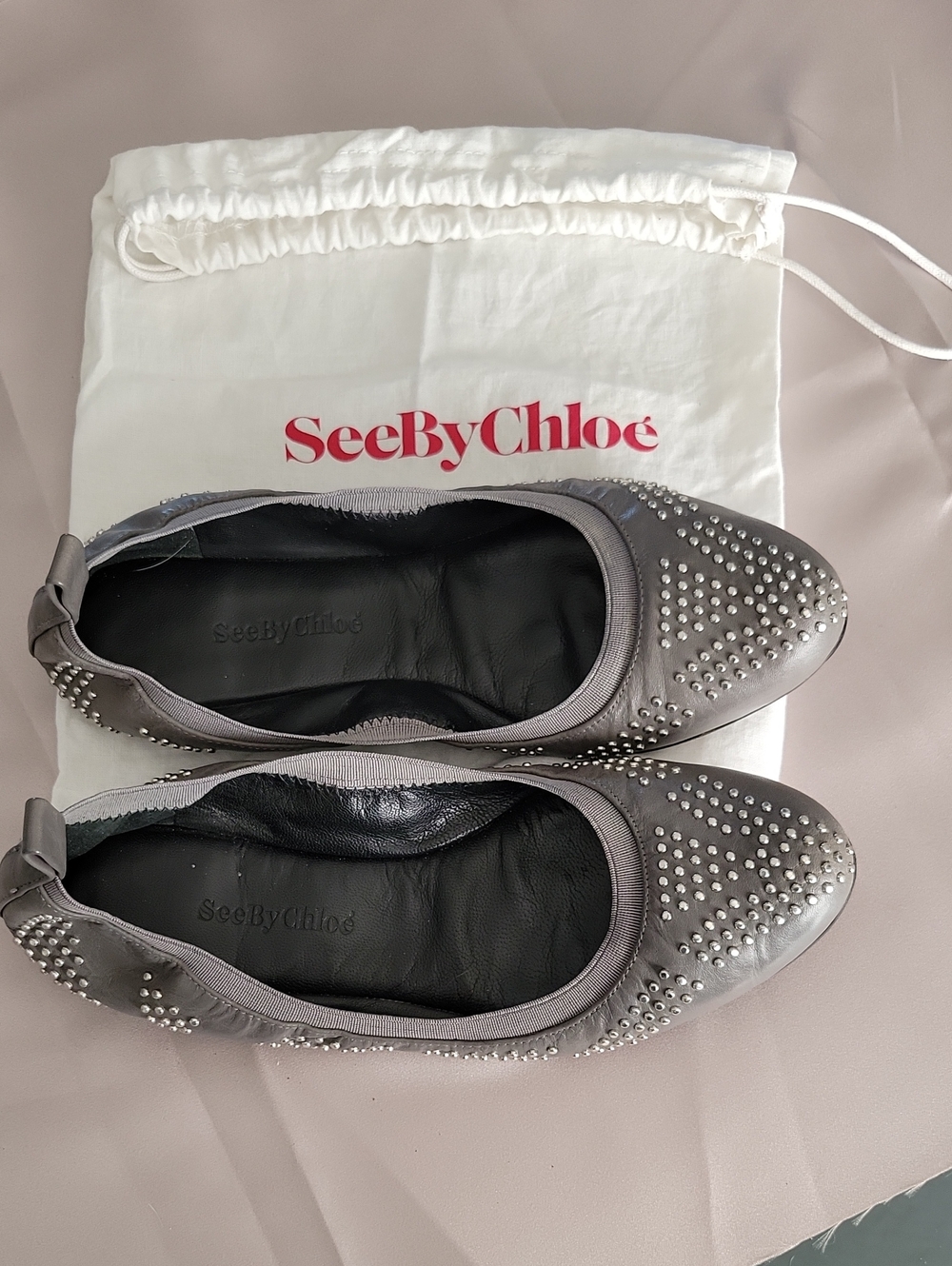 See By Chloé Silver-Gray Studded Ballet Flats